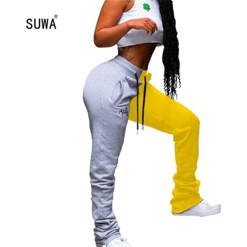 Contrast Color Patchwork Embroidery Letter Drawstring Pleated Leggings Streetwear Women Pocket Long Pants Trousers 7 Color