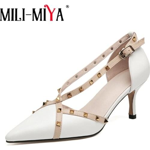 MILI-MIYA Luxury Summer Pumps Women New Thin High Heels Pointed Toe Rivet Sexy Wedding Party Dress Gladiator Summer Shoes White