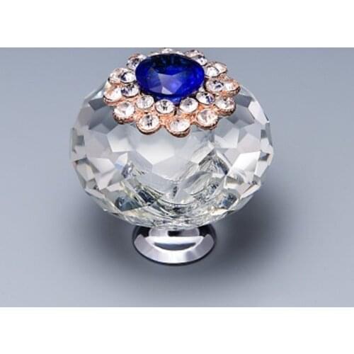 Fashion luxury blue crystal tv cabinet wine cabinet cupboard knob pull clear glass crystal pearl chrome kitchen cabinet handle