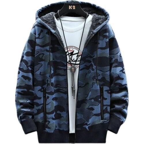 New Mens Camouflage Sweater Coat Winter Thick Fleece Warm Zipper Wool Hooded Cardigan Jumpers Men Long Sleeve Knitted Sweaters