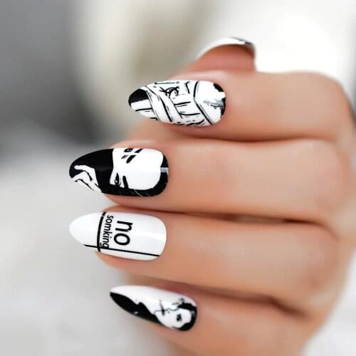Classic Black White Drawing Stiletto False Nails Designs Medium Long Fake Nail Manicure Artificial Nails Tips Free Glue Sticker