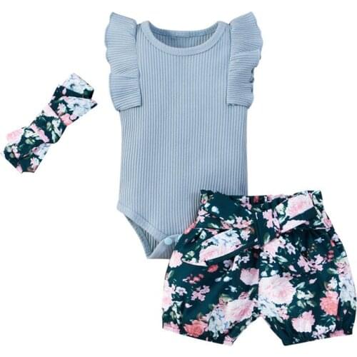 Newborn Baby Girls 3pcs Sumemr Outfits Set Fly Sleeve RomperTops+Flower Print Bowknot Shorts+Headband Inafnt Cotton Clothes
