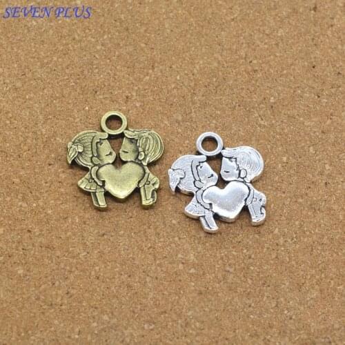 Newest Style 20 Pieces/Lot 21mm*22mm Antique Silver plated Or Antique Bronze Double-Sided Heart Love Boy And Girl Charms For Diy