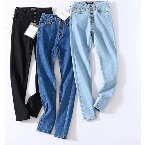 Autumn New Style Single Breasted Jeans Womens Feet Pants Tight Fitting High Waisted Multi Button Design Pencil Pants