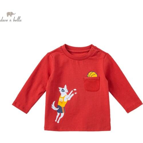 DBA18736 dave bella autumn baby boys casual cartoon letter pockets T-shirt children tops kids boy fashion tees