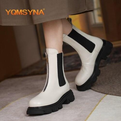 YQMSYNA Casual Women Boots Comfortable Thick Bottom Square Heel Non-slip Chelsea Boots Zipper Round Toe Office Lady Shoes AS356