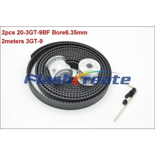 2pcs 20 Teeth 3GT Pulley Bore 5/6.35/8mm + 2meters 3GT Rubber Synchronous Belt Width 9mm 20Teeth 20T GT3 Timing Belt Pulley