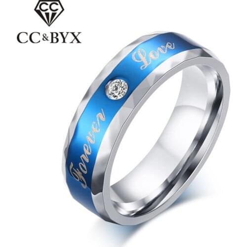 CC 6mm Stainless Steel Rings For Men And Women Letter "Forever Love" Blue Cubic Zirconia Ring Luxury Jewelry Bijouterie CC1312