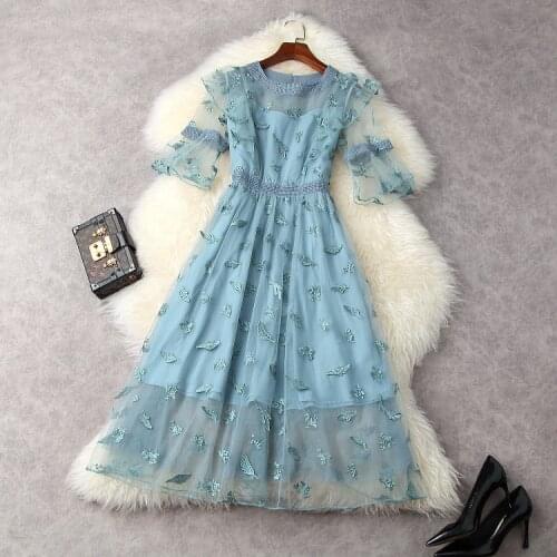 European and American womens wear for summer 2021 Round neck with five-quarter sleeves Net yarn embroidery Fashion dress