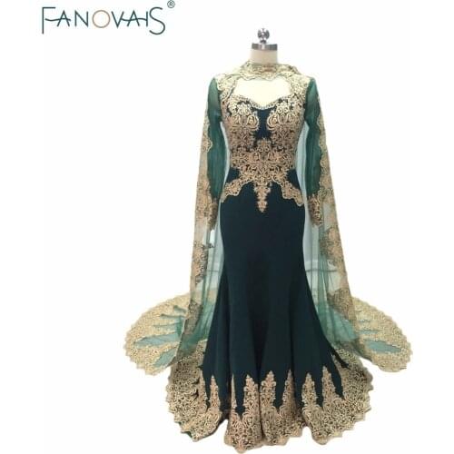 Green Mermaid Evening Gowns With Cape 2019 Kafatan Lace Robe de Soiree Muslim Gold Embroidery evening dress with long sleeves