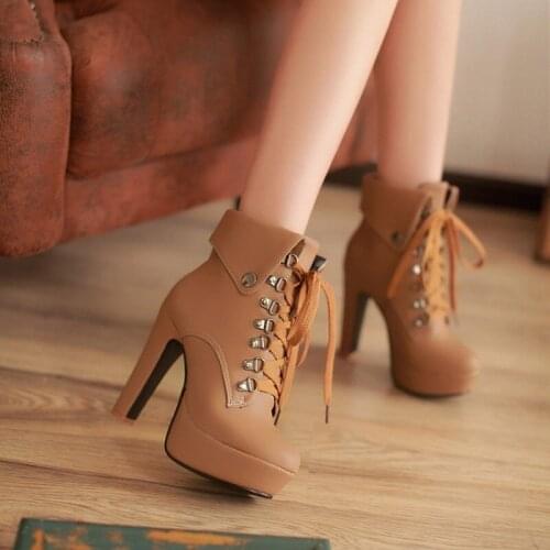 XJRHXJR Plus Size 33-43 Platform High Heels Boots Lace Up Chunky Heel Ankle Boots for Women New Fashion Booties Winter Shoes