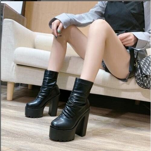 Autumn Winter Platform Boots High Heels Zipper Black White Short Boots For Women Waterproof Thick heel waterproof platform Shoes