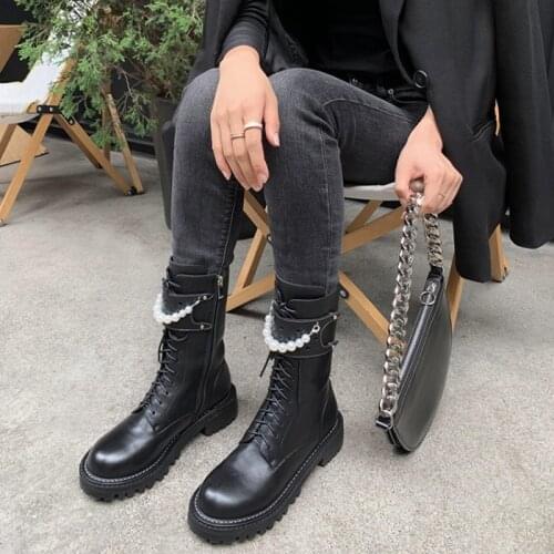 2021 Winter Women Boots Round Toe Leather Boots Women Solid String Bead Womens Riding Boots Short Black Boots Motorcycle Boots