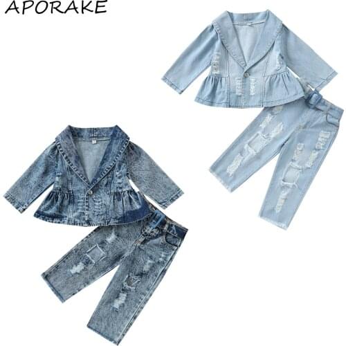2021 0-5Y Fashion Toddler Girl Denim Clothing Set Long Sleeve V Neck Button Suit Top Jacket+Holes Long Pants Sping Fall Outfits