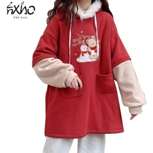 Christmas Gift Women Tops Clothes Loose Long Sleeves Hoodies Lady Pullover Cute Christmas-Elk Pattern Hooded Festival New Year