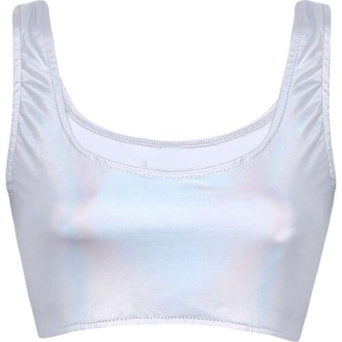 Women Silver Shiny Faux Leather Sleeveless Sexy Crop Tops Festival Rave Nightclub Party Stage Performance Pole Dance Costume
