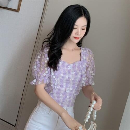 Women Tops 2020 Summer Flowers Embroidered Square Neck Puff Sleeve Mesh Dames Blouse See Through Crop Top Fashion Shirt Purple