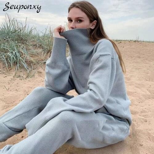 High Quality Spring 2021 WomenS Loose Knit 2 Two-Piece Set Sexy High Neck Long Sleeve Pullover + Elastic Waist Pants Casual Set