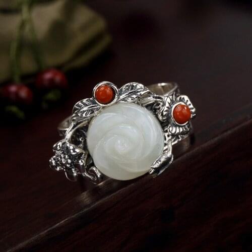 Rose Rushed Women Obsidian Anel Feminino 2018 New S925 Pure Antique Mosaic And Tian Yu South Rose Female Open Ring Wholesale