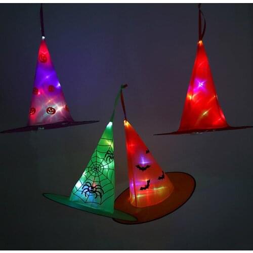 4pcs Halloween Decoration Props Hats Glowing Pumpkin Witch Hat Bat Spider Web Pattern Wizard Hat