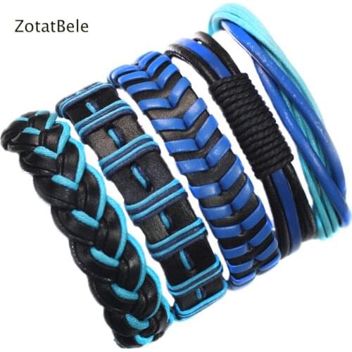 5Pcs Male Leather Bracelets Bangles For Men Blue Braided Rope Fashion Wrist Band Bracelet Men Jewelry Lace-up F22