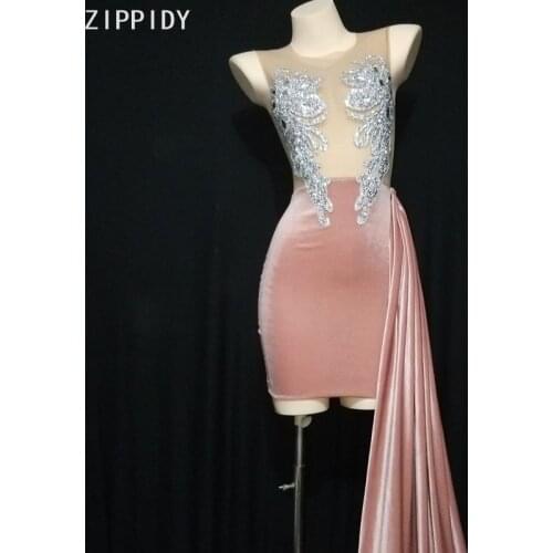 Flashing Silver Rhinestone Pink Velvet Transparent Dress Birthday Celebrate Long Train Outfit Women Dancer Prom