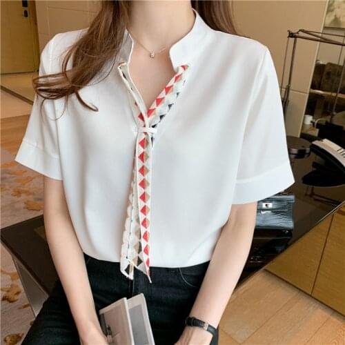 Blouse Women V-neck Chiffon Lace-up Short Sleeve Shirt Summer Casual Solid Color Top Blusas Mujer De Moda 2020 Verano