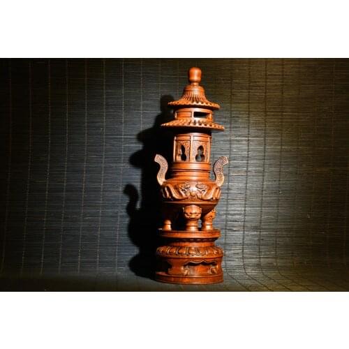 9" China Lucky Old Boxwood Stupa statue incense burner Two dragons playing bead statue Incense Three-tiered incense burner