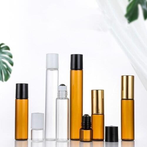 10pcs1/2/3/5/10ml Amber Roll glass On Roller Bottle with Stainless Steel Refillable Essential Oils Perfume Bottles Containers