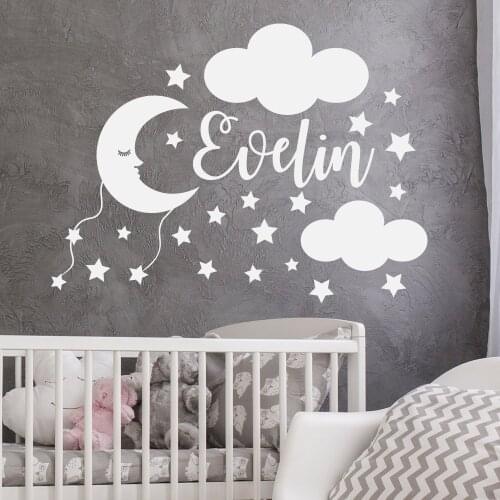 Name Decal for Kids Rooms Personalized Nursery Vinyl Wall Sticker Moon Stars Girl Boy Room Home Decoration Wall Decals G102
