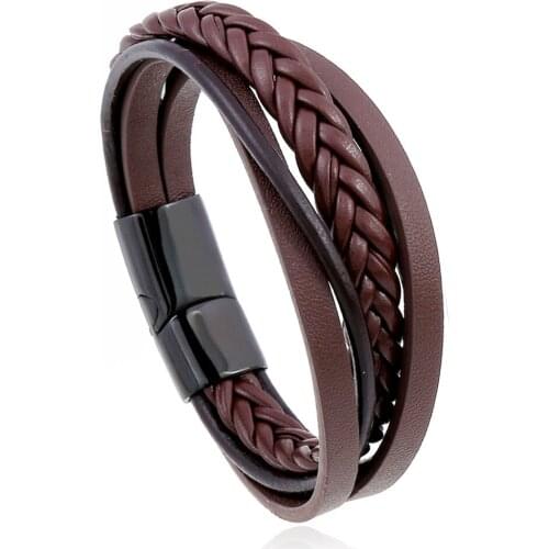 Jessingshow Classical Multi-layer Handmade Leather Chain Weaved Man Bracelets New Magnet Clasp 316L Stainless Steel Wristband