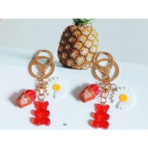 Cute Sweet Teddy Bear Daisy Flower Resin Rubber Plants Keychain For Women Trinket Key Chains Ring Car Bag Pendent Charm D735