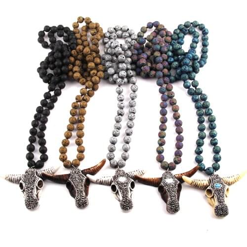 Fashion Bohemian Tribal Jewelry Multi Lava Stones Long Knotted Handmade Paved Bull Head Pendant Necklace For Women