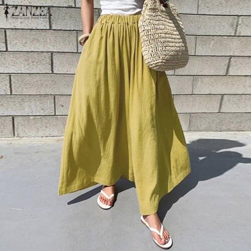 Fashion Culottes Pants Womens Wide Leg Trousers 2021 ZANZEA Casual Elastic Waist Long Pantalon Palazzo Female Solid Turnip 5XL