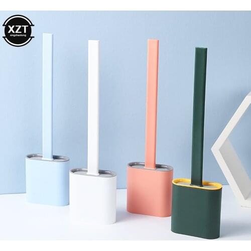 With Base Toilet Brush Water Leak Proof Silicone WC Flat Head Flexible Soft Bristles Brush with Quick Drying Holder Set
