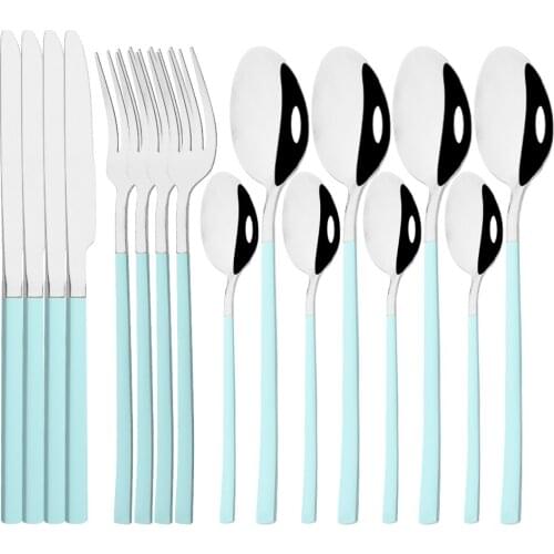 16Pcs/4Set Dinnerware Mint Green Silver Stainless Steel Set Knife Fork Spoon Cutlery Kitchen Home Party Tableware Flatware Set