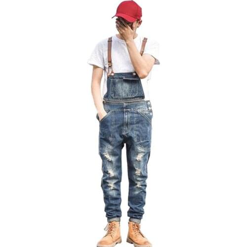 New Mens Ripped Denim Bib Overalls Fashion Distressed Jeans Jumpsuits For Man Suspender Detachable