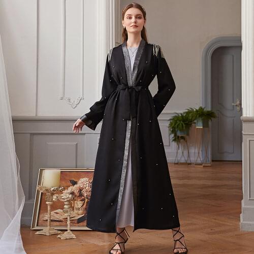 Open Abaya Dubai Women Caftan Marocaind Ramadan Muslim Dress MiddleEast Kaftan Turkey Beading Sash Hijab Long Robe Jellaba Femme