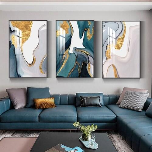 Modern Abstract Gold foil river Blue Canvas Art Paintings For Living Room Bedroom Posters And Prints Wall Poster Home Decor