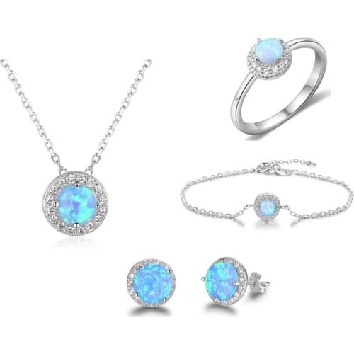Created Blue Opal Rings Pendant Necklaces Stud Earrings Bracelet Jewelry Sets Cubic Zircon 925 Sterling Silver Jewelry Sets