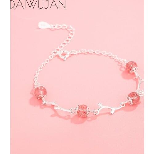 DAIWUJAN Temperament Strawberry Crystal 925 Sterling Silver Bracelet Female Sweet Resizable Quartz Stone Bracelet Birthday Gift