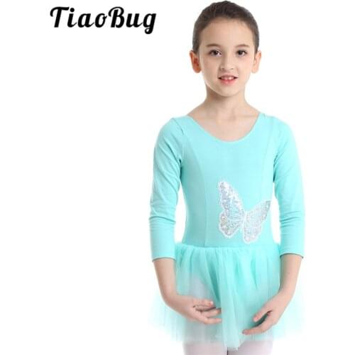 TiaoBug Kids Butterfly Sequined Long Sleeve Ballet Tutu Dance Dress Children Girls Gymnastics Ballet Leotard Stage Dance Costume