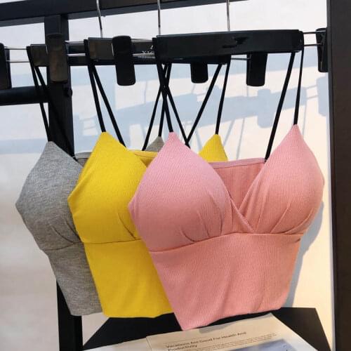 Candy Color Deep V-Neck Sexy Seamless Crop Tops Slim Stretch Women Sexy Sleeveless Padded Camisole Short Tank Crop Top C7326