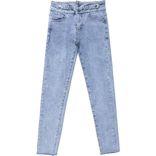 Skinny Pencil Pants Women Trousers Street Shot High Waist Slimming Nine-point Jeans Double-breasted Female Trousers 2020 Autumn