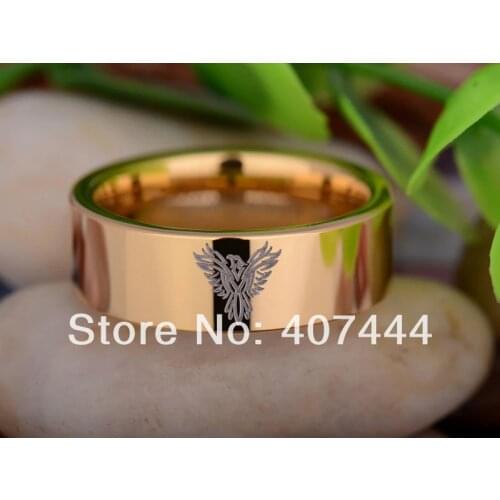 YGK JEWELRY 8MM Shiny New Golden Pipe Phoenix Design Mens Tungsten Carbide Wedding Ring