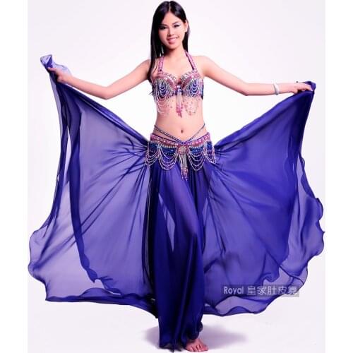 Hot gorgeous belly dance clothes 3 pcs belly dancing beaded bra belt 720 degree skirt women high quality belly dance costume set