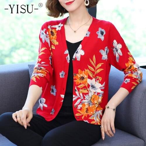 YISU Womens clothing Cardigan Sweater Long Sleeve V-neck Knitted Sweater Coat morning glory printing sweater cardigan Jacket