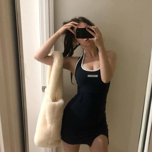 Women’s Sexy Halter Split Skinny Dress Fashion Letter Label Backless High Waist Short Dress