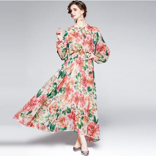 Runway Womens Elastic Waist Chiffon Dress Summer Autumn Lantern Long Sleeve Floral Elegant Fashion Floor Length Maxi Dresses