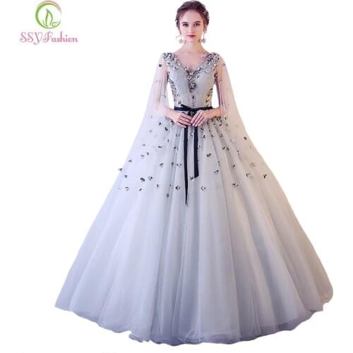 SSYFashion New Sweet Lace Flower Evening Dress Banquet Grey V-neck Floor-length Appliques Party Gown Custom Formal Dresses